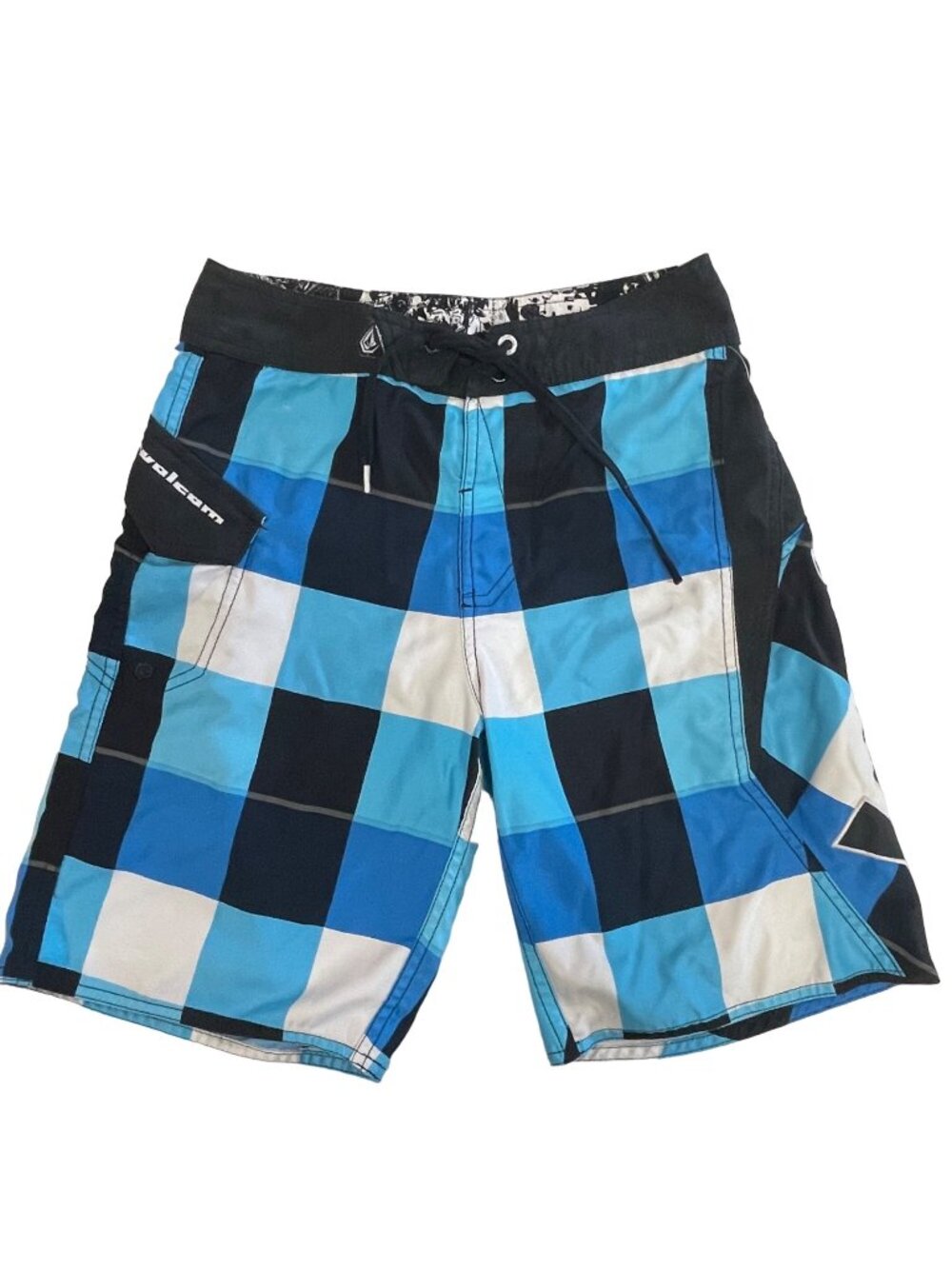 Volcom Boys 12 Blue Ice Plaid Boardshorts Swim Surf Trunks Pocket Logo Spellout